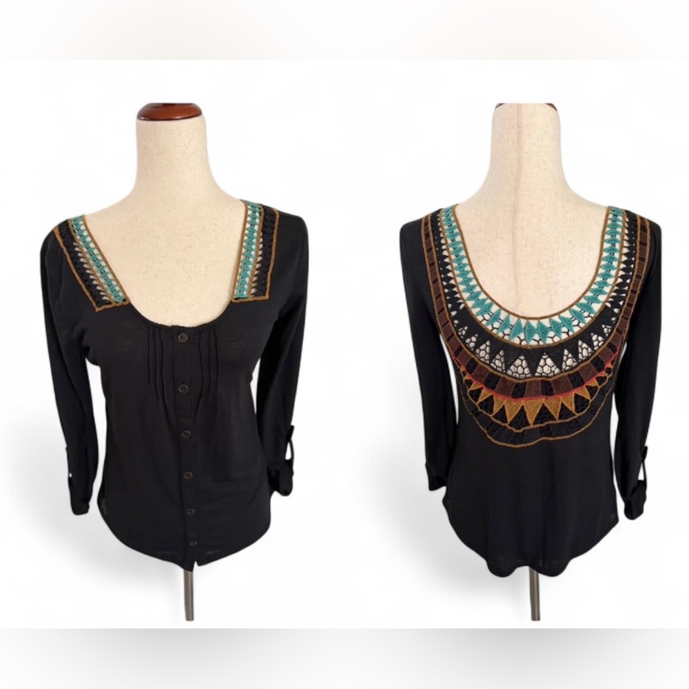 Size XS Black Boho Henley Embroidered Statement Back Top Southwestern Feetival